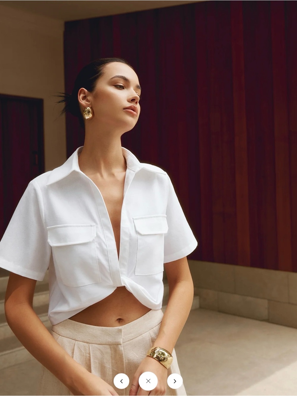 Commense Cropped White Short-Sleeve Cotton & Linen Shirt - XL
